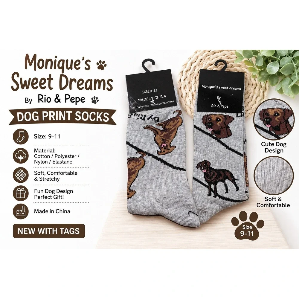 Rio & Pepe Monique's Sweet Dreams Dog Print Socks Gray Labrador Retriever 9-11